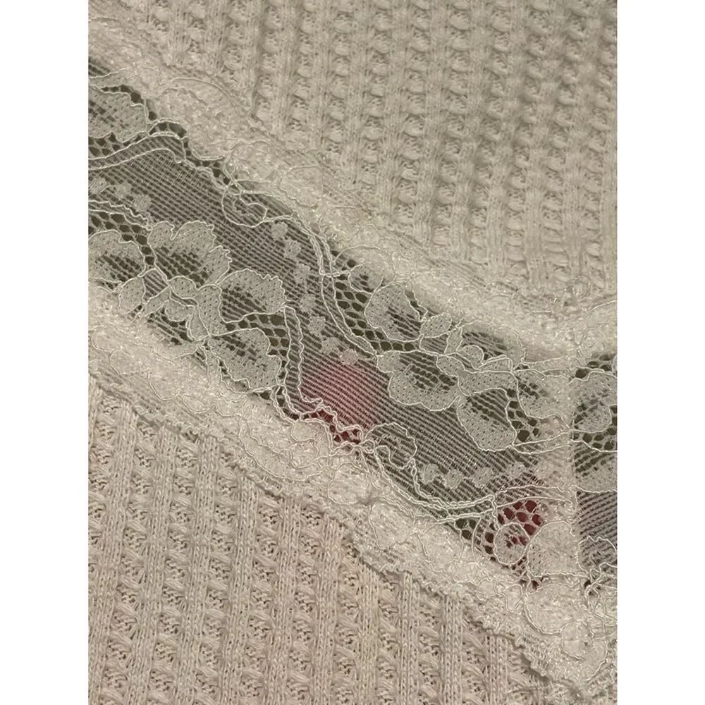 Free People White Lace-Trim Waffle Knit Button Cardigan